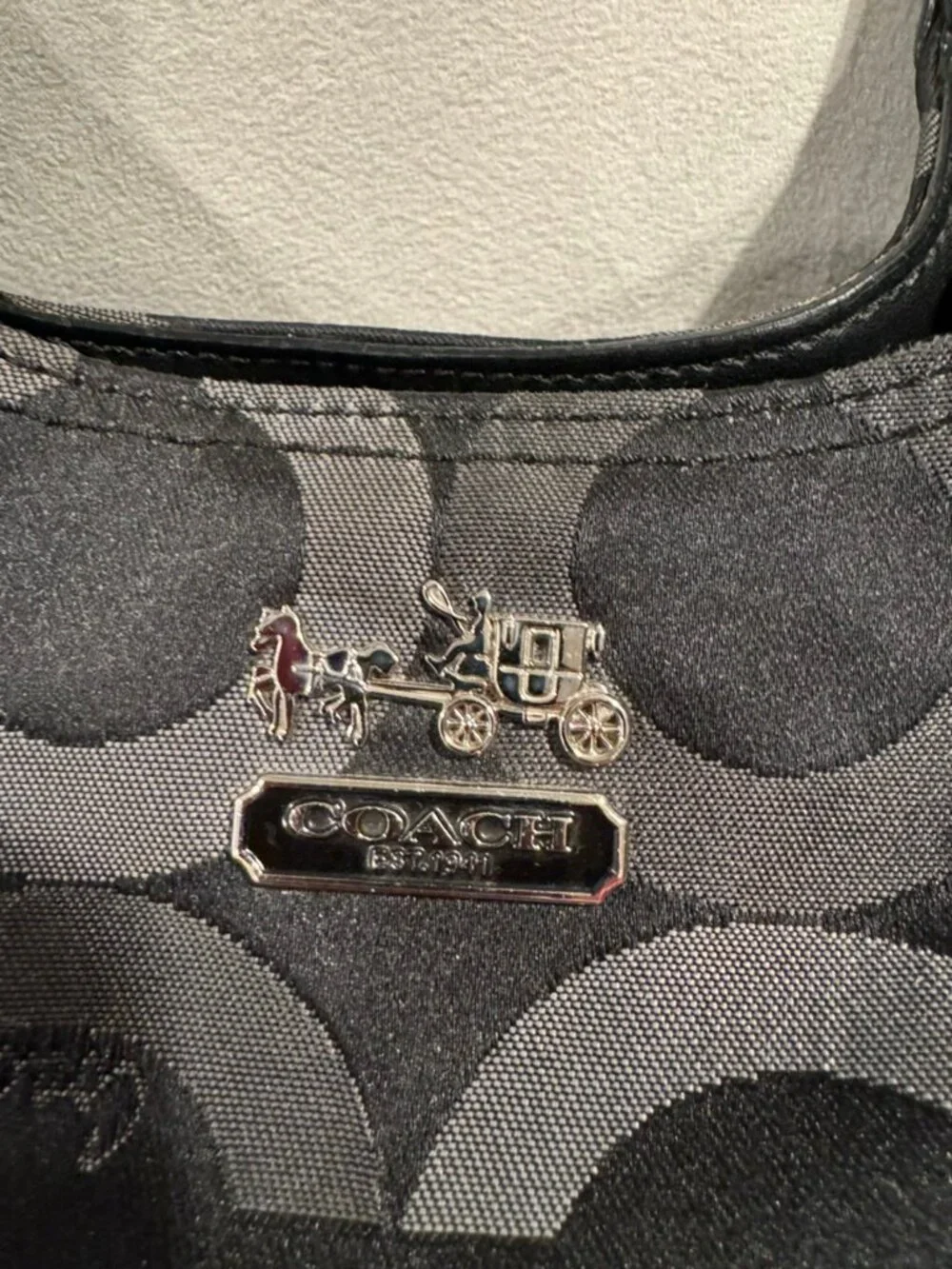 Coach Op Art Multi-Compartment Shoulder Bag – Black Gray Jacquard – Style 15573